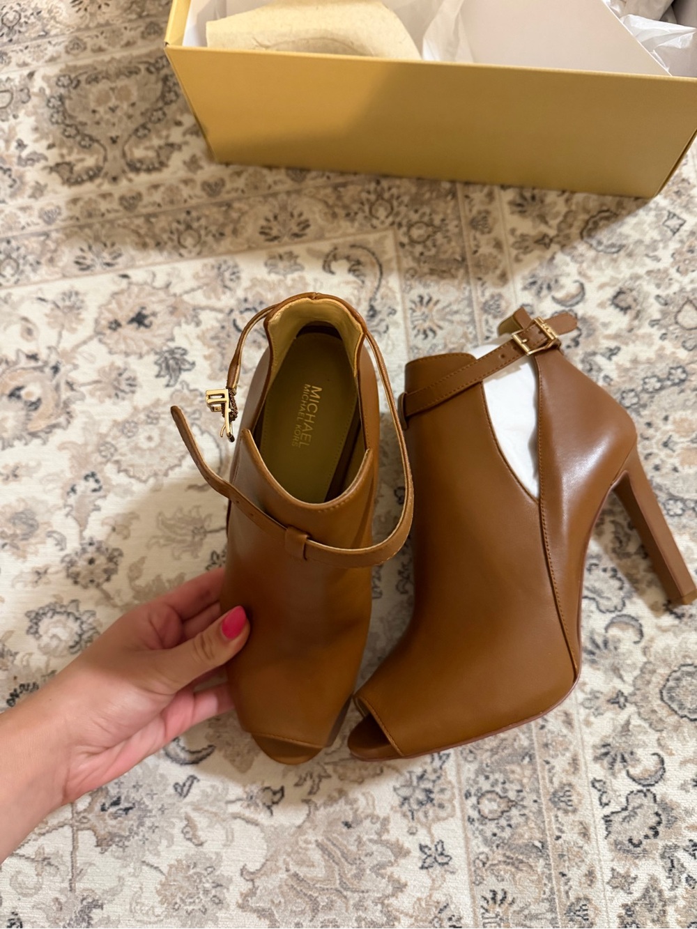 Michael Kors Cognac Leather Peep-Toe Ankle Booties with Buckle Strap